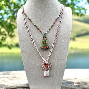 Vintage Seed Bead Figure Necklaces Man & Woman Pair Boy Girl Native Headdress